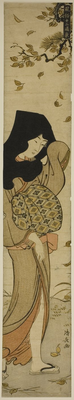 Donna con cappuccio nero tra foglie al vento, dalla serie "Dodici scene di costumi popolari (Fuzoku juni tsui)" da Torii Kiyonaga