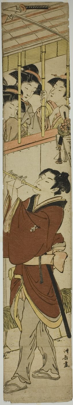 Giovane che suona il flauto mentre tre ragazze guardano da Torii Kiyonaga
