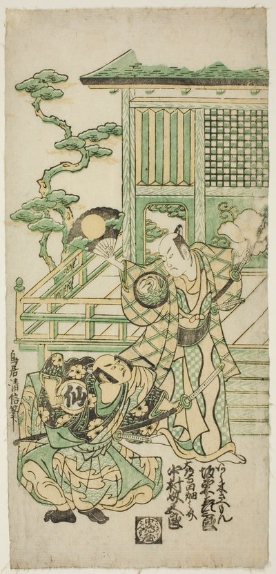 Gli attori Bando Hikosaburo I come Araki Shozaemon e Nakamura Sukegoro I come Daidoji Tahatanosuke nella commedia "Chigozakura Futabajikki," rappresentata al Teatro Ichimura nel decimo mese, 1746 da Torii Kiyonobu II