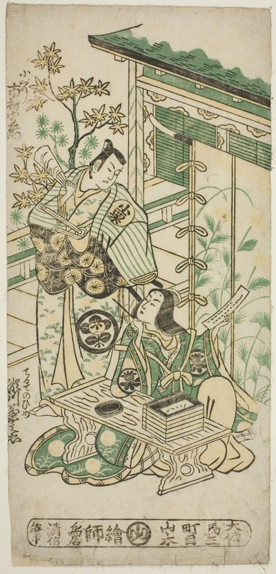 Gli attori Ichimura Uzaemon VIII come Oguri Hangan e Segawa Kikunojo I come Terute no Mae nella commedia "Mangetsu Oguri Yakata," eseguita al Teatro Ichimura nell