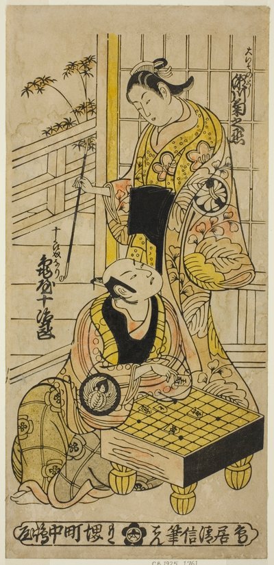 Gli attori Kameya Jujiro I come Soga no Juro e Segawa Kikunojo I come Oiso no Tora nella commedia Hatsu Hikage Maizuru Soga, rappresentata al Teatro Nakamura nel primo mese, 1737 da Torii Kiyonobu II
