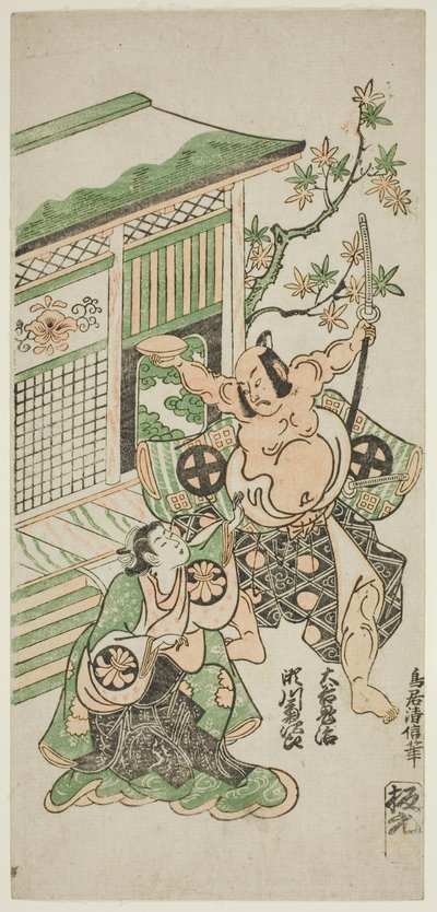 Gli attori Segawa Kikujiro I nel ruolo della moglie di Nobutsura, Karumo, e Otani Oniji I nel ruolo di Tahara Matataro nell