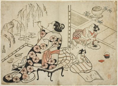 Cortigiana che dipinge uno schermo, da una serie di 12 stampe erotiche da Torii Kiyonobu I