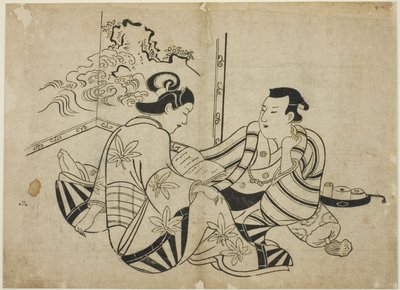 Lettura di una lettera davanti a uno schermo, da una serie senza titolo di 12 stampe da Torii Kiyonobu I