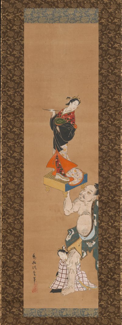 Il guerriero Asahina Yoshihide solleva un burattino di una cortigiana su una tavola da go da Torii Kiyoshige