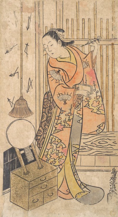 Attore come donna in piedi vicino a uno specchio, ca. 1735 da Torii Kiyotada
