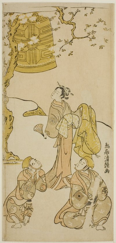 Gli attori Segawa Kikunojo II, Ichikawa Komazo II e Arashi Otohachi I nella commedia "Fude Hajime Soga no Tamazusa," rappresentata al Teatro Nakamura nel primo mese del 1768 da Torii Kiyotsune