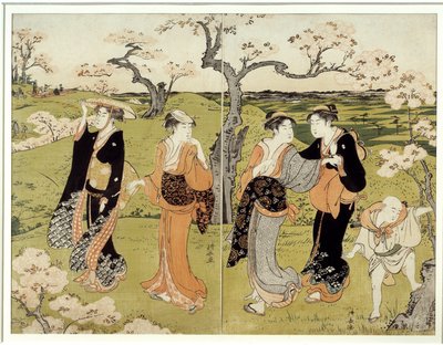 Picnic sotto i fiori di ciliegio ad Assaakayama. Stampa giapponese di Torii Kiyonaga (1752-1815), stile Ukiyo-E da Torii Kuyonaga