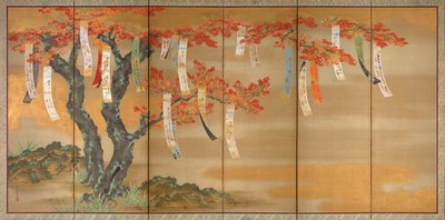 Ciliegio in fiore e aceri autunnali con strisce di poesie da Tosa Mitsuoki
