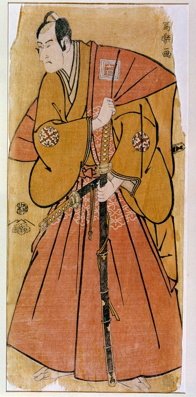 Rappresentazione di un attore kabuki, attore Ichikawa Komazo III, nel ruolo di Minase nella commedia "Lo Spirito Divino sul Bacino di Yaguchi" da Toshusai Sharaku