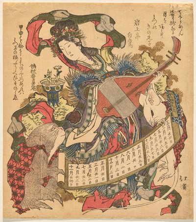Benzaiten che suona il biwa con scimmia e ratto bianco da Totoya Hokkei