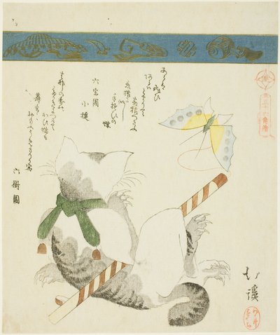 Gatto che Gioca con una Farfalla Giocattolo, dalla serie "Trentasei Immagini di Uccelli (Sanjuroku kinzoku)" da Totoya Hokkei