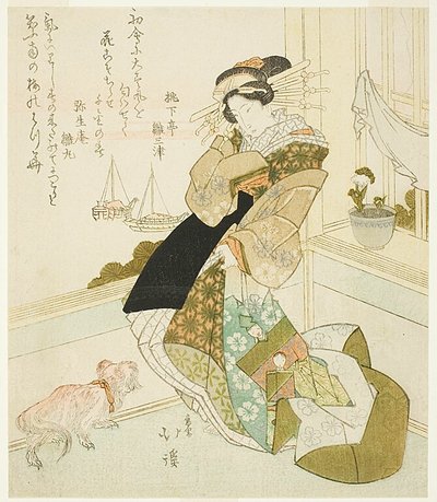 Cortigiana e cane pechinese a Capodanno da Totoya Hokkei