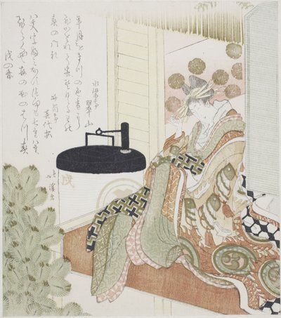 Cortigiana seduta su una veranda accanto a una lanterna da Totoya Hokkei