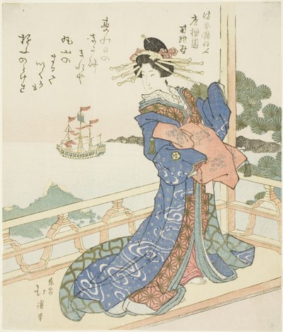 Cortigiana che osserva nave straniera dal balcone da Totoya Hokkei