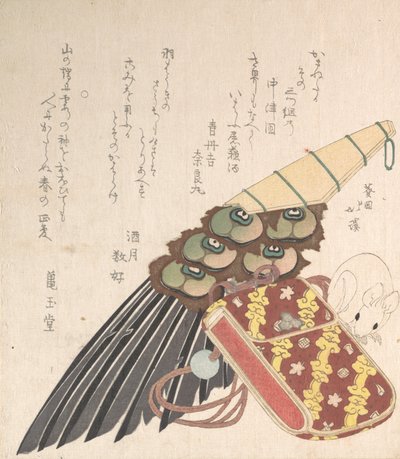 Pennello di piume e Doran un tipo di astuccio per medicine con un netsuke di un topo, probabilmente 1816 da Totoya Hokkei