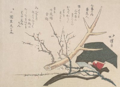 Cappello, corno di cervo e ramo di prugna, rappresentante Jurojin, il dio della vita da Totoya Hokkei