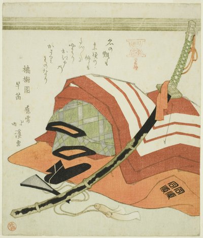 Il costume di Ichikawa Danjuro per Shibaraku, dalla serie "Abilità di recitazione della famiglia Ichikawa, una serie di tre (Mimasuke no gei, sanban tsuzuki)". da Totoya Hokkei
