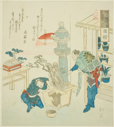 Pianta in Vaso (Ueki), dalla serie "Diciotto Illustrazioni della Scala delle Parole Antiche (Kogentei juhachiban tsuzuki)" da Totoya Hokkei