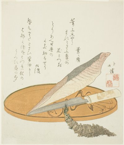 Radice di wasabi con bonito essiccato e coltello su un vassoio laccato da Totoya Hokkei