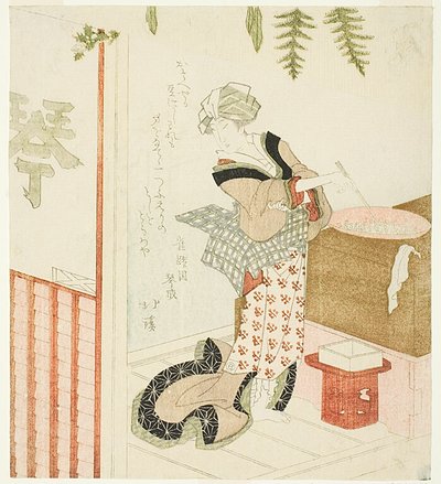 Donna che cucina fagioli nel negozio da Totoya Hokkei