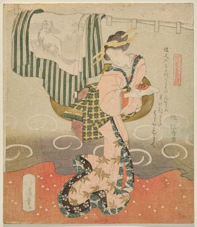 Donna che tiene una tazza di sake davanti a una tenda e un kimono drappeggiato (Cinque fogli per la visione dei fiori) da Totoya Hokkei
