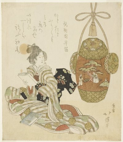 Donna con libro seduta accanto a un giocattolo di Capodanno da Totoya Hokkei