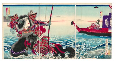 Attori Ichikawa Danjuro IX come Nasu no Yoichi Munetaka e Nakamura Fukusuke IV come Tamamushi Gozen da Toyohara Kunichika