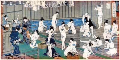 Scena della casa da bagno, una stampa di Toyohara Kunichika, XIX secolo da Toyohara Kunichika