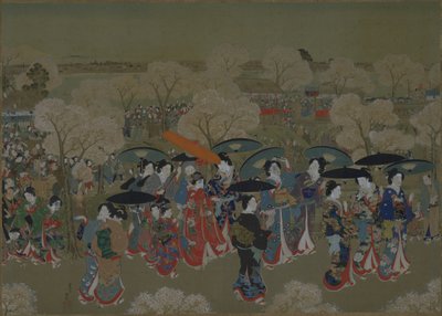 Bellezze che ammirano i ciliegi in fiore sul fiume Sumida da Toyohara Kunichika