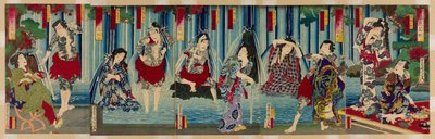Stelle del Kabuki davanti a una graziosa cascata (Arigataki megumi no hanagata) da Toyohara Kunichika