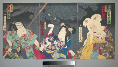 Onoe Kikugorō V als Otowake Neko no ke (Rechts), Bandō Mitsugorō IV als Aishō Michinoku (Mitte), Onoe Kikugorō V als Isogai Mibunosuke (Links) im Kabuki-Stück Tōkai Kidan Nekomata Yashiki da Toyohara Kunichika