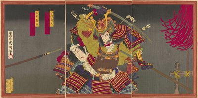Gli attori Ichikawa Sadanji I come Imagawa Yoshimoto e Onoe Kikugoro V come Mori Shinsuke da Toyohara Kunichika