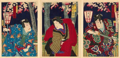 Gli attori Nakamura Shikan IV come Fuwa Banzaemon, Nakamura Fukusuke IV come la cameriera, e Kataoka Gado III come Nagoya Sanzaburo da Toyohara Kunichika