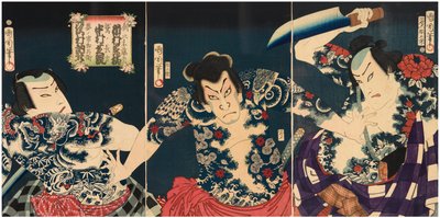 Gli attori kabuki (da destra a sinistra) Ichimura Kakitsu IV nel ruolo di Asahina Tobei, Nakamura Shikan IV nel ruolo di Washi no Chokichi e Sawamura Tosshi II nel ruolo di Yume no Ichirobei, IV/1868 da Toyohara Kunichika