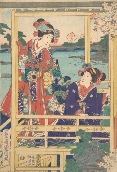 Due bellezze al giardino di primavera con uno stagno, ca. 2° mese, 1864 da Toyohara Kunichika