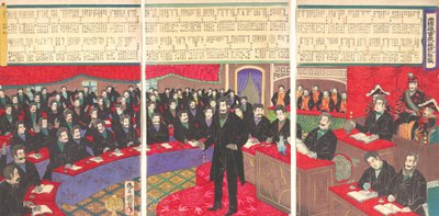 Illustrazione della Camera dei Comuni della Dieta Imperiale con un elenco di tutti i membri, 101890 da Toyohara Kuniteru