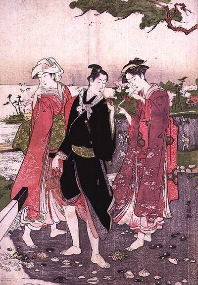 Due ragazze e un giovane su una spiaggia, pub. c.1780 da Utagawa Toyokuni