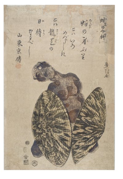 Imitando una conchiglia - Uomo affiancato da due cappelli da Toyokuni Utagawa