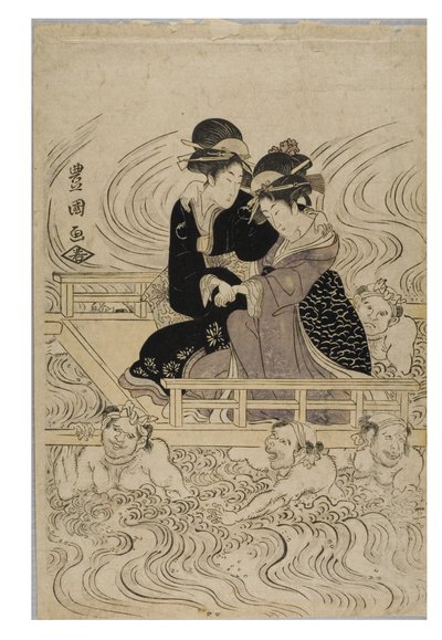Gruppo di cortigiane che attraversano un fiume agitato dalle onde da Toyokuni Utagawa