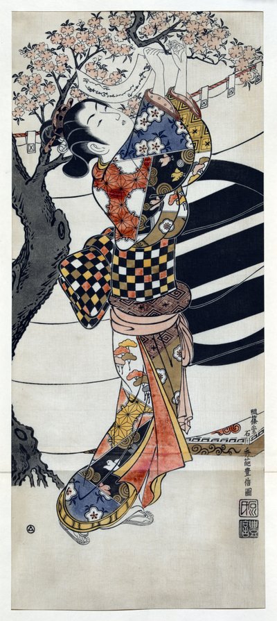 Donna giapponese che indossa un kimono appende poesie in un ciliegio in fiore, xilografia giapponese di Ishikawa Toyonobu (1711-1785) c. 1741 da Toyonobu Ishikawa