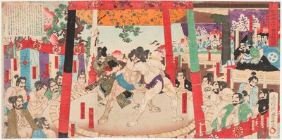Combattimento di sumo davanti a Toyotomi Hideyoshi (1537-1598) e Kato Kiyomasa (1562-1611) da Toyonobu Utagawa