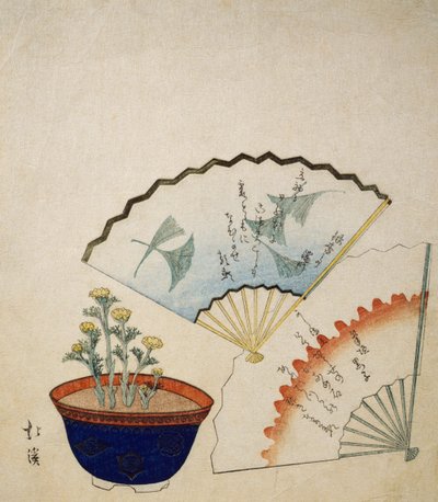 Vaso con Adone e due ventagli decorati con poesie di Ichotei Mitsunori e Fudegaki, circa 1830 da Toyota Hokkei