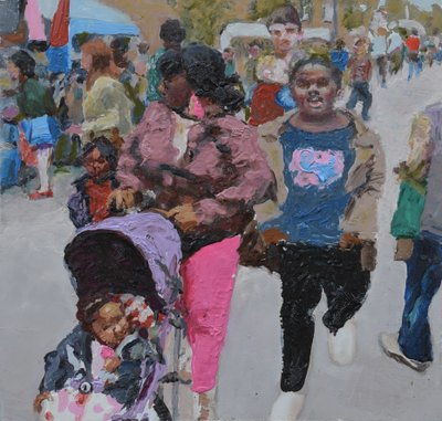 Shopping in famiglia (Deptford, Londra), 2018 (olio su tavola) da Trevor Burgess