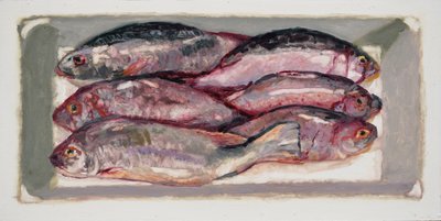 Cassa di pesce 1 (Billingsgate, Londra), 2016 (olio su tavola) da Trevor Burgess