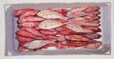 Cassa di pesce 4 (Billingsgate, Londra), 2016 (olio su tavola) da Trevor Burgess