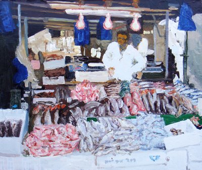 Bancarella di pesce (Ridley Road, Londra), 2009 (olio su tela) da Trevor Burgess