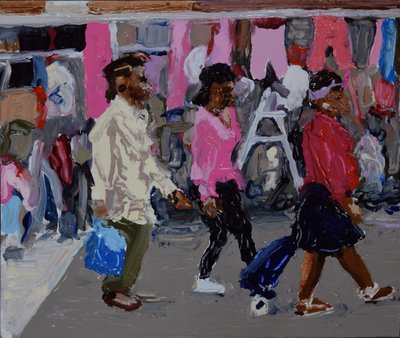 Gli acquirenti del mercato (Deptford, Londra), 2018 (olio su tavola) da Trevor Burgess