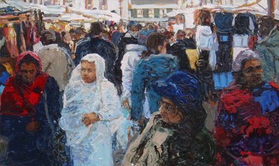 Gli acquirenti del mercato (Ridley Road, Londra), 2011 (olio su tela) da Trevor Burgess