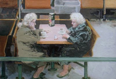 Over a cuppa, 2010 (olio su tavola) da Trevor Burgess
